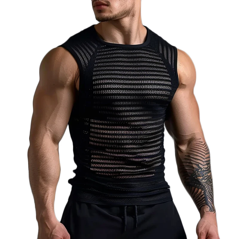 Sexy See Through Mesh Tank Tops Men Summer Fashion O Neck Loose Camisoles Mens Casual Breathable Hollow Out Sleeveless T Shirts