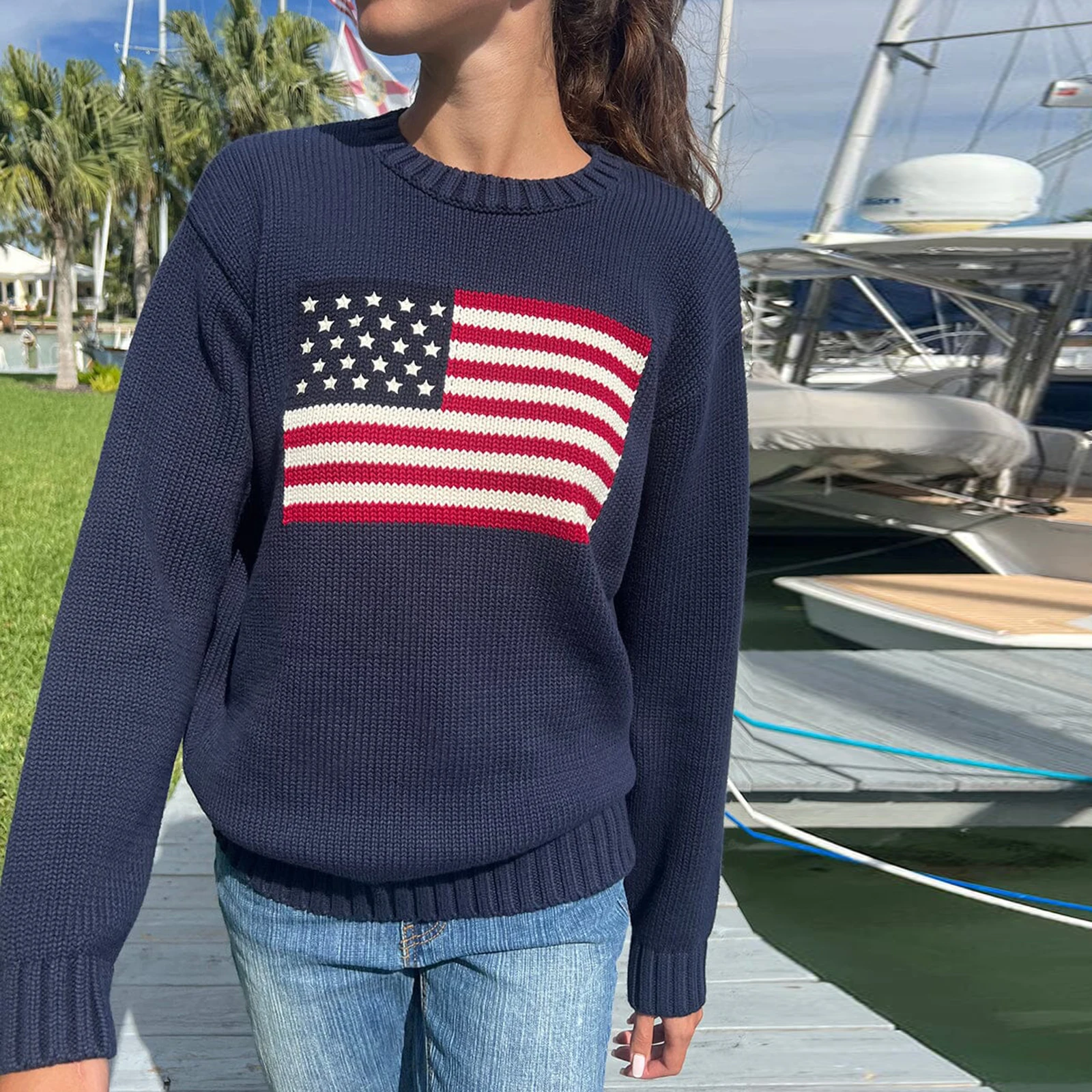 Women\'s Loose Knit Sweaters Long Sleeve Flag Patterned Long Sweaters Round Neck Ribbed Loose Knitted Tops Pullovers