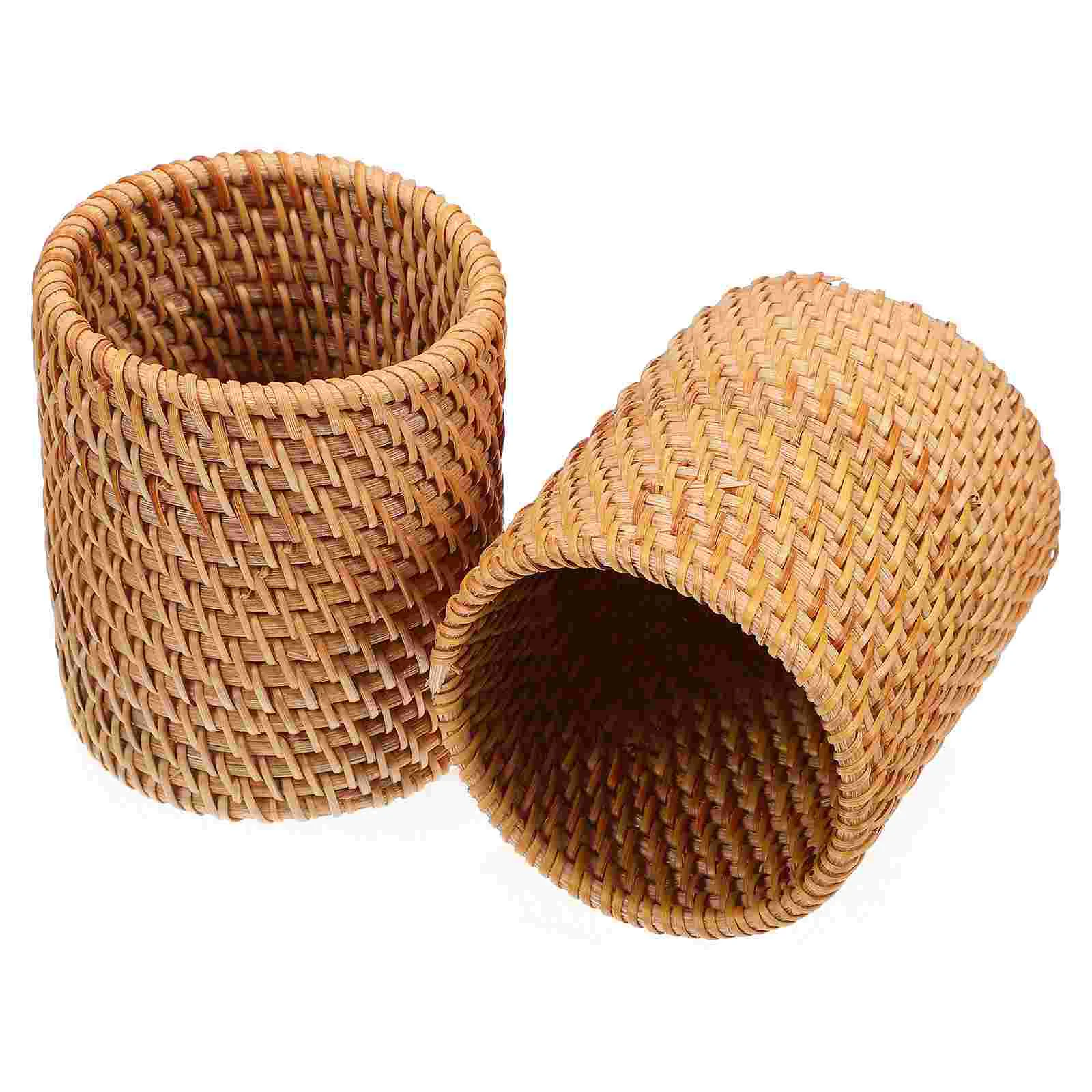 2 Pcs Pencil Rattan Holder 2pcs Diameter 8cm Height 10cm Office Large Capacity Case Wooden Organizer for Desk