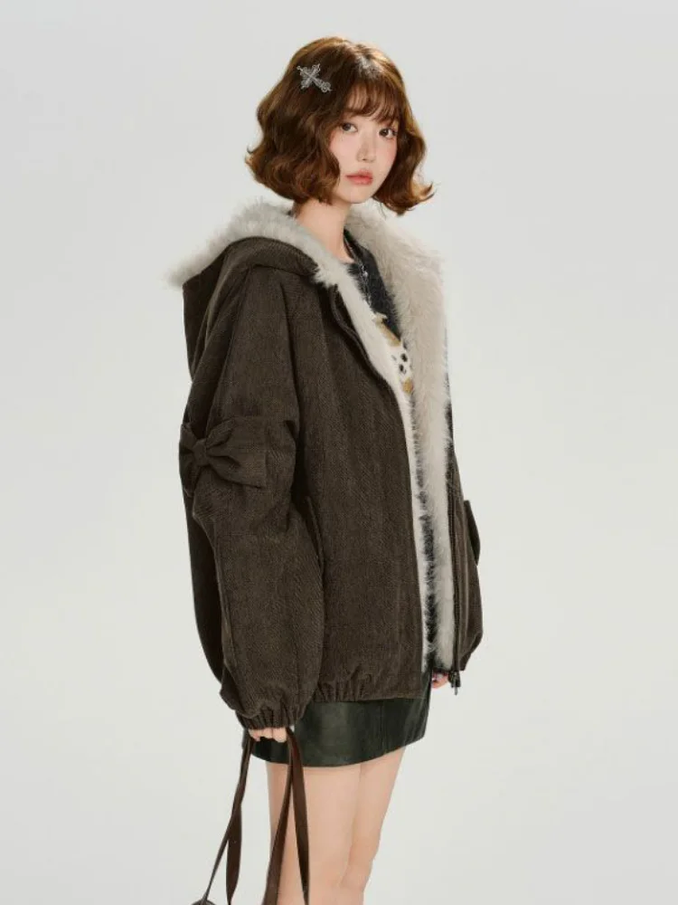 Thickened Warm Hooded Jackets Coat Women's Casual Vintage Korean Fashion Chaquetas Loose Zippers Fur Velvet Short Jaquetas