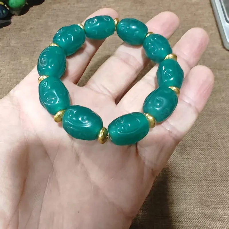 Teal Green Ruyi Carved Oval Lampwork Glass Bead Bracelet Gold Spacers Unisex Retro Bohemian Elastic Hand‑crafted Wrist Jewelry