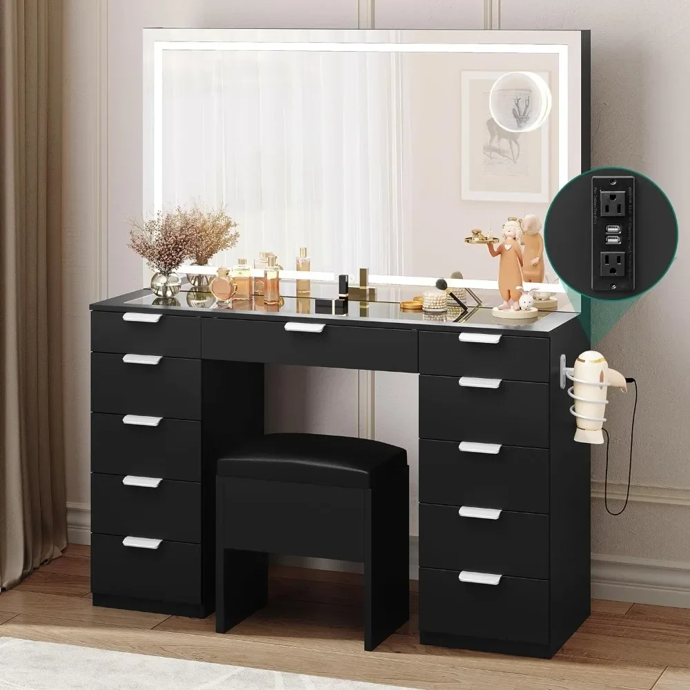 46'' Large Makeup Vanity Desk Set with Large LED Lighted Mirror & Power Outlet, Glass Top Vanity with 11 Drawers