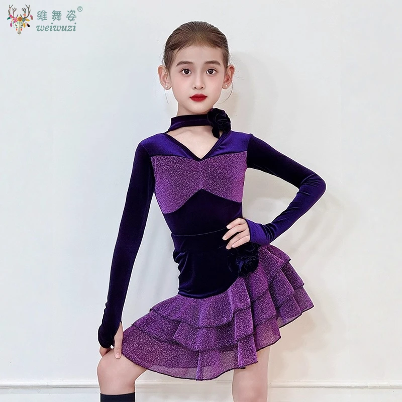 Vêtements d'entraînement de danse latine pour filles, jupe multicouche à manches longues, vêtements de compétition de spectacle sur scène de danse latine, automne