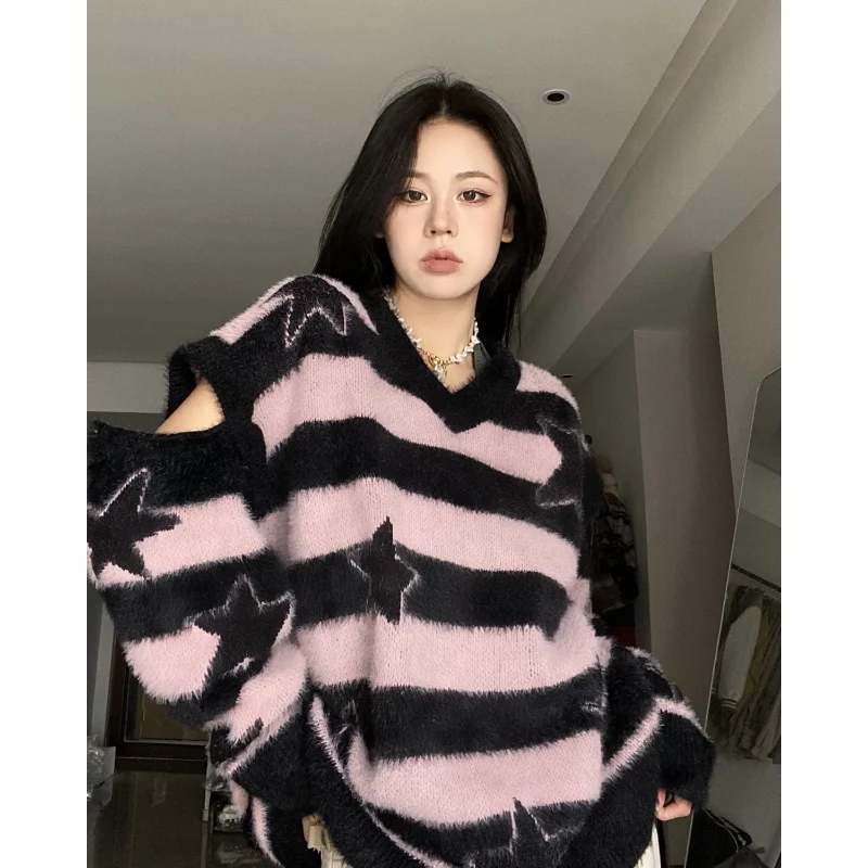 Deeptown Y2k Pink Striped Knitted Sweater Women Goth Vintage Jumper Korean Fashion Oversized Star Knitwear Aesthetic Harajuku