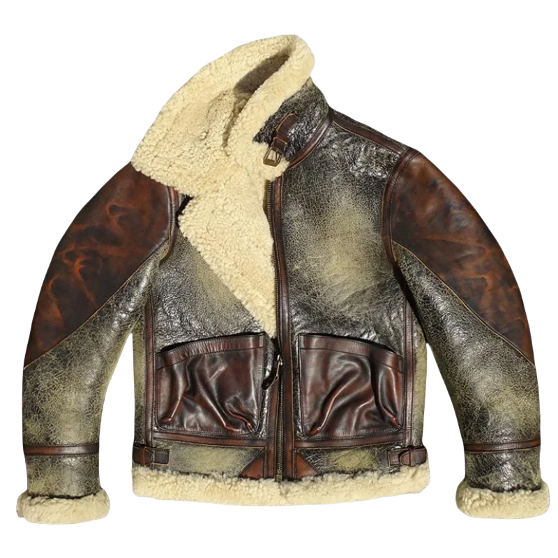 Brownish-Green Genuine Leather Jacket with Sheepskin Fur-On Heavy Washed Vintage Extra-Thick Cracked Texture plus size