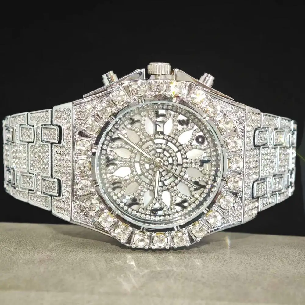 

UNIGUET 2025 Новые мужские часы со льдом, роскошные кварцевые часы из нержавеющей стали, модные наручные часы в стиле хип-хоп с большими бриллиантами, мужские дропшиппинг