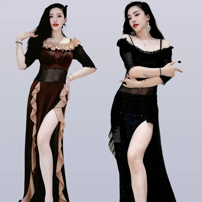 

Индивидуальные костюмы для танца живота Swegal, новинка 2025 года, серебряное сетчатое платье из ледяного шелка с одним вырезом, сексуальный костюм для восточного танца