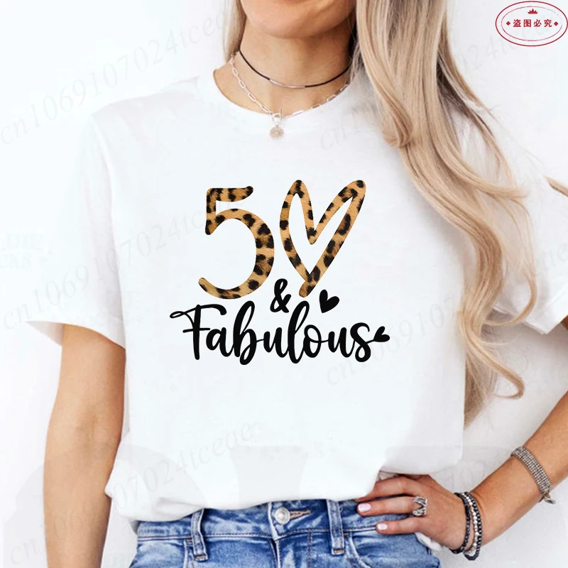 50 & Fabulous 50th Birthday Squad T-Shirt, Leopard Print Heart Graphic Tee, Casual Summer Top for Women Birthday Gift Shirt