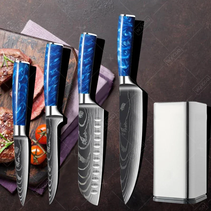 

Kitchen Knives High Carbon Stainless Steel 7CR17 Damascus Steel Pattern Cleaver Set Chef Knife Slicer Fruit Santoku Knife Holder
