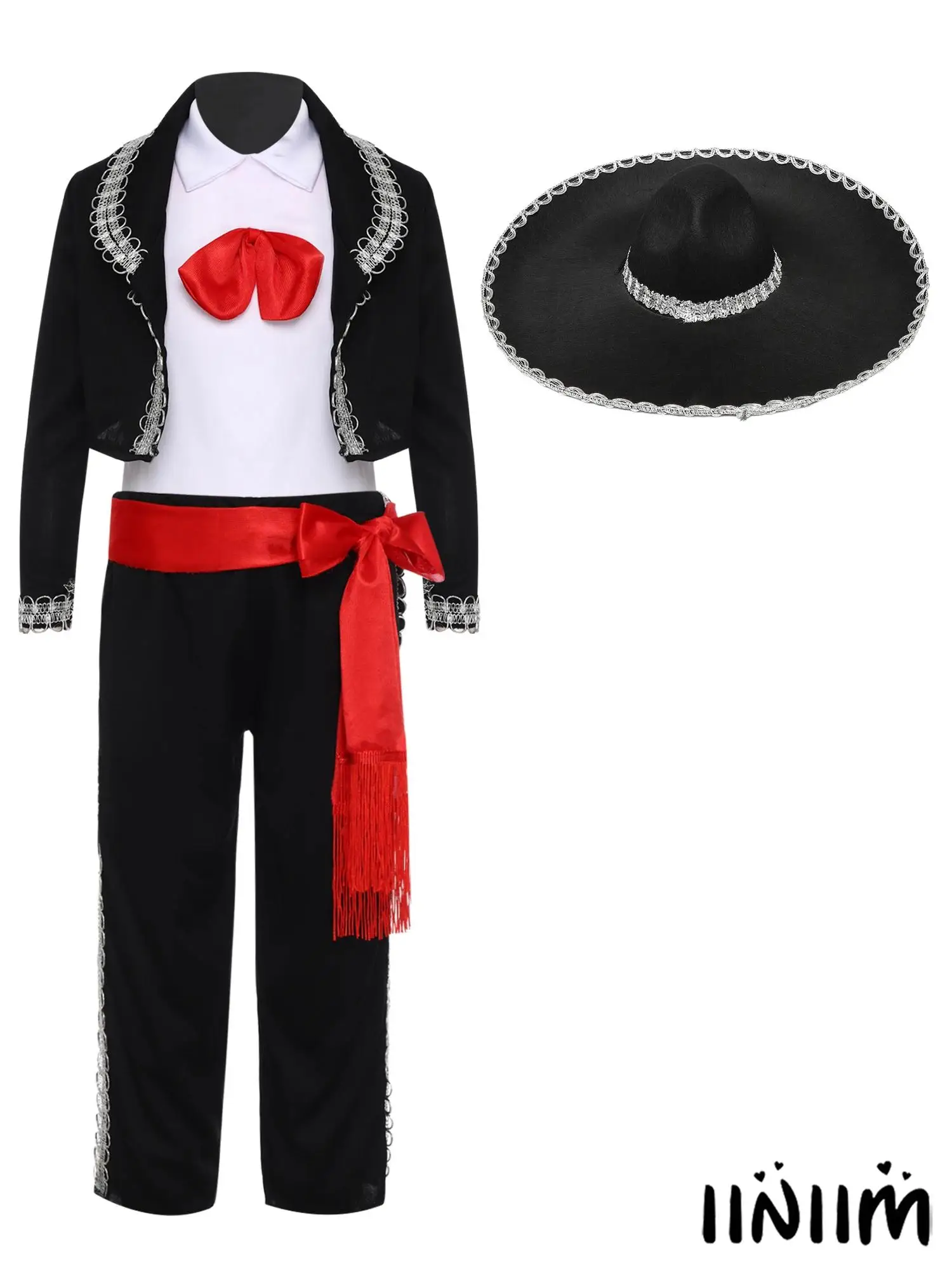 

5Pcs Kids Traditional Mariachi Dress Up Costume Halloween Mexican Cosplay Vest Pants Jacket Waistband And Hat Performance Set