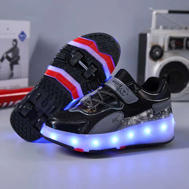 New Pink USB Charging Fashion Girls Boys LED Light Roller Skate Shoes For Children Kids Sneakers With Wheels Four wheels