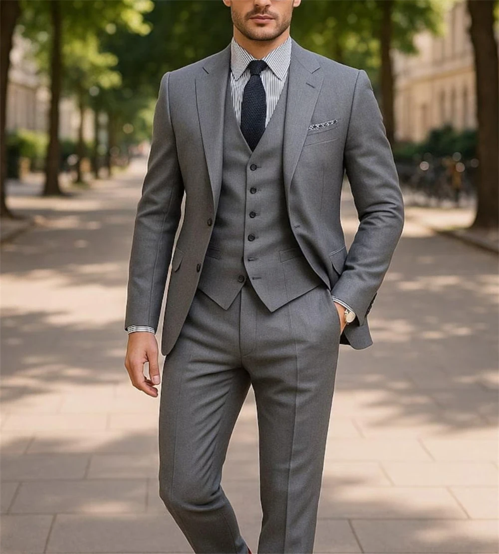 

Grey Men's Suits 3 Pieces Formal Slim Fit Wedding Groom Outfit Formal Party Wear (Jacket+Vest+Pants)