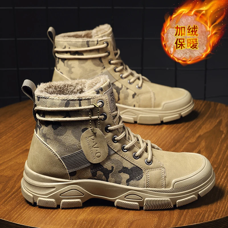 Mens Camouflage High Top Work Boots Comfortable Sneakers Outdoor Hiking Shoes Thick Sole Non-Slip Durable Lace-Up Platform Boots