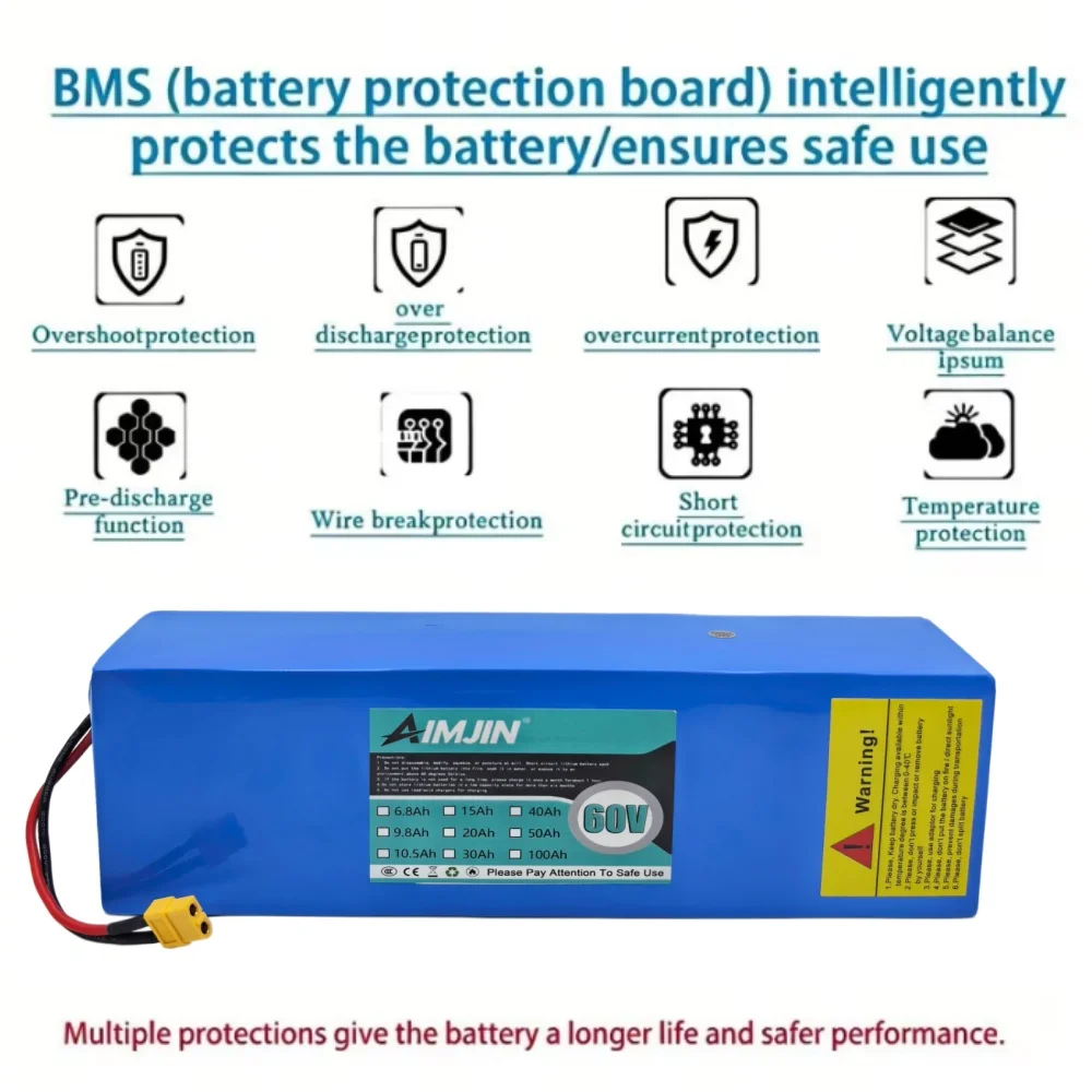 60V 20000mAh 2000W Lithium-Ion Battery Pack 16S4P Built-In 50A BMS+Charger for Electric Vehicles