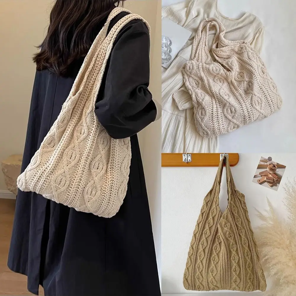 

Вязаные сумки-тоут крючком с оплеткой, однотонные женские сумки на плечо с полым узором, простой дизайн, женские сумки для покупок, повседневное использование