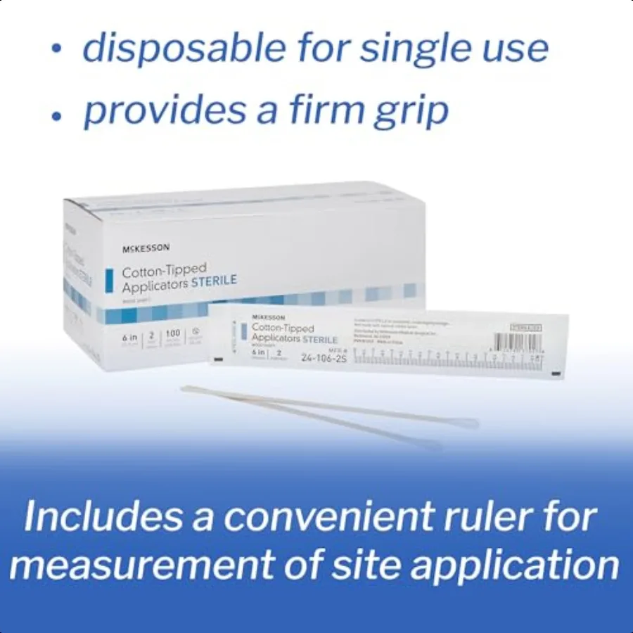 Aplicadores com ponta de algodão estéril McKon, caixa de 6 polegadas com 200 cotonetes médicos para limpeza e aplicação de cuidados com feridas, madeira S