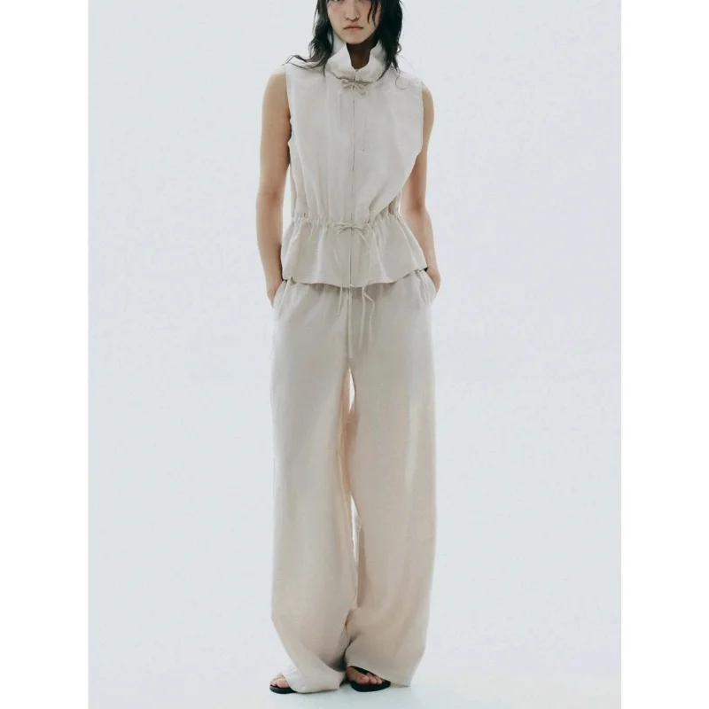 Conjunto de Moda Fena de Verão com Colete Sem Mangas de Gola Alta Ajustável e Calças de Cintura Alta com Pernas Largas