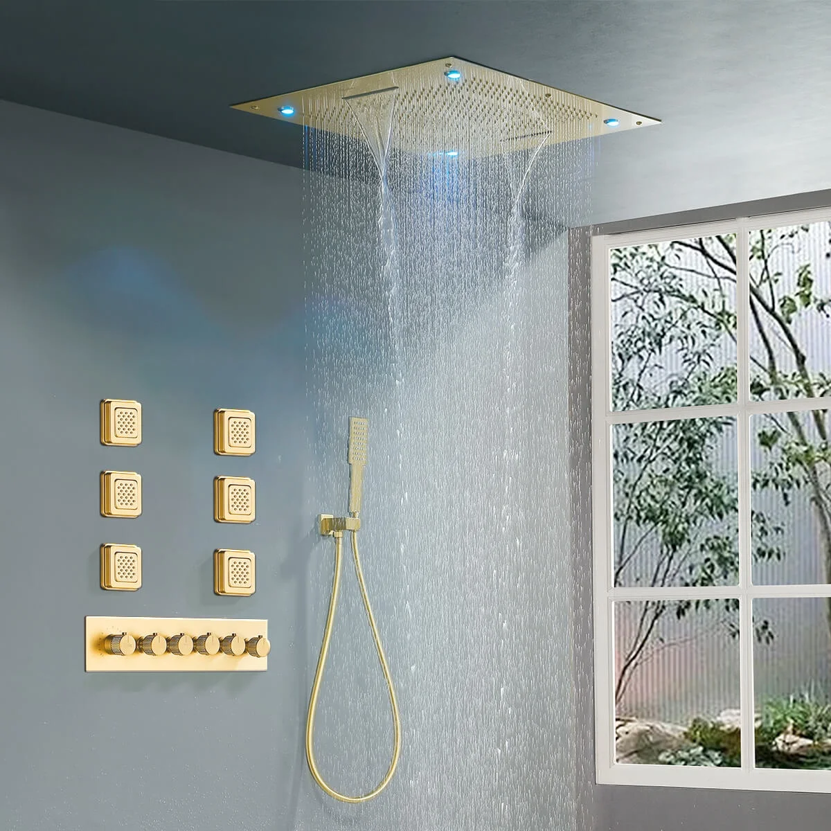 Brushed Gold 800*600 MM 32 Inc LED Rain Waterfall Mist Shower Head Concealed Ceiling Mounted 5 Functions Shower System Set