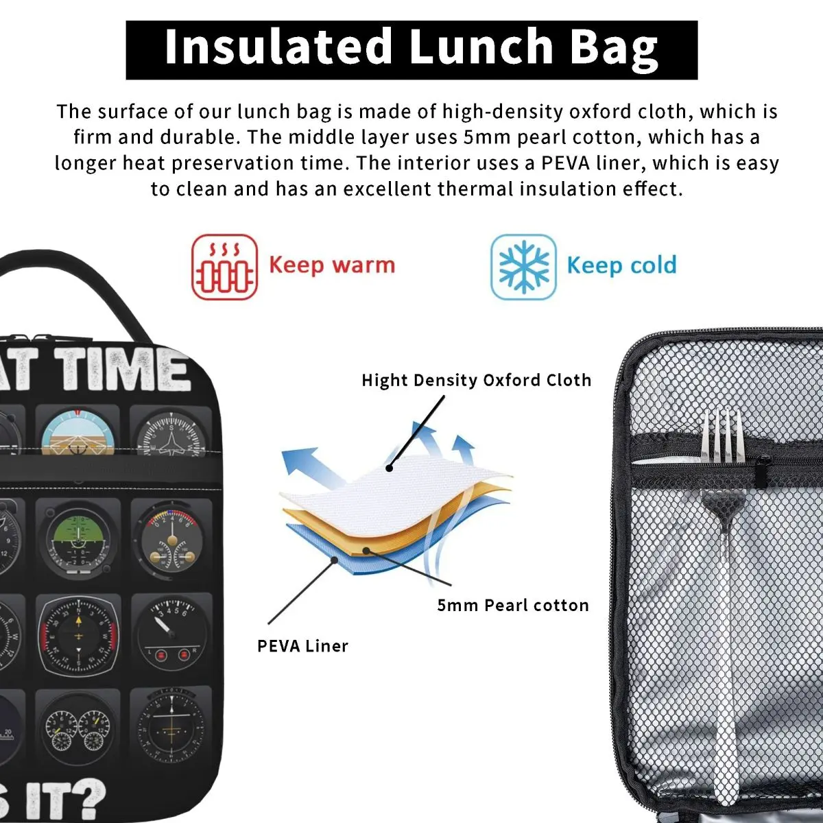 What Time Is It Flight Instruments Insulated Lunch Bag for Women Children Portable Food Boxes Thermal Lunch Box Tote