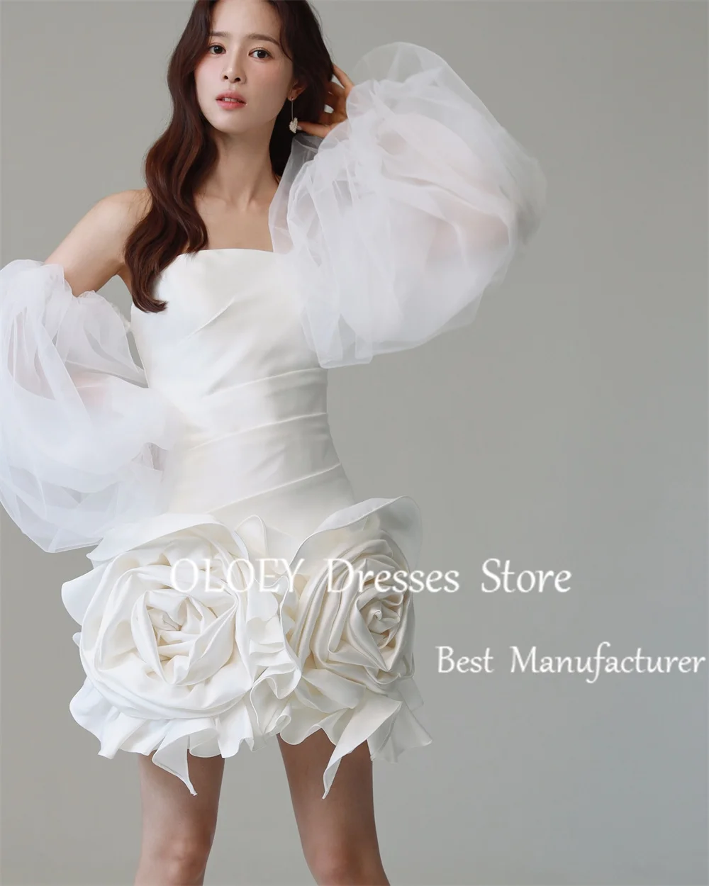 OLOEY Exquisite Strapless Short Wedding Dress Detachable Sleeves Korea Photoshoot Pleats Satin Mini Bridal Gown Custom Made