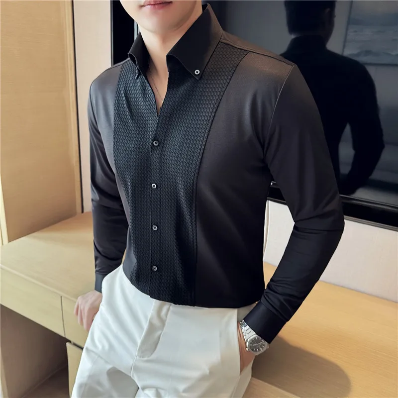 Patchwork Designer Vintage Men Shirt Wedding White Long Sleeve Shirt Solid Color V-neck Stretch Draped Traceless Shirt Black 4xl