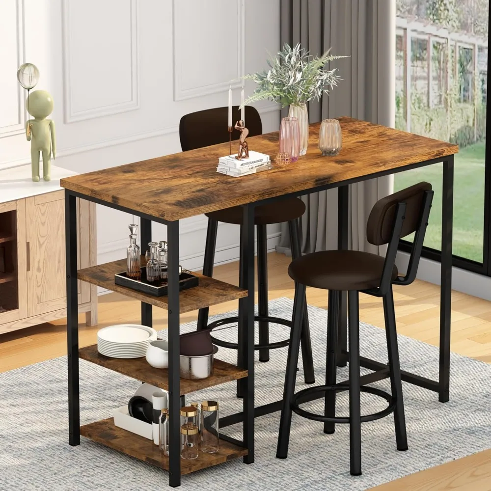 Conjunto de mesa de jantar para 2, mesa de pub de altura de balcão com 2 bancos de bar com encosto largo de couro PU e 3 prateleiras de armazenamento, conjunto de cadeiras de bar