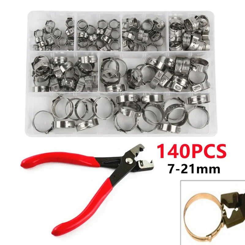 140pcs Single Ear Stepless Hose Clamps 7-21mm 304 Stainless Steel Hose Clamps Cinch Clamp Rings or 1PC Hose Clip Clamp Pliers