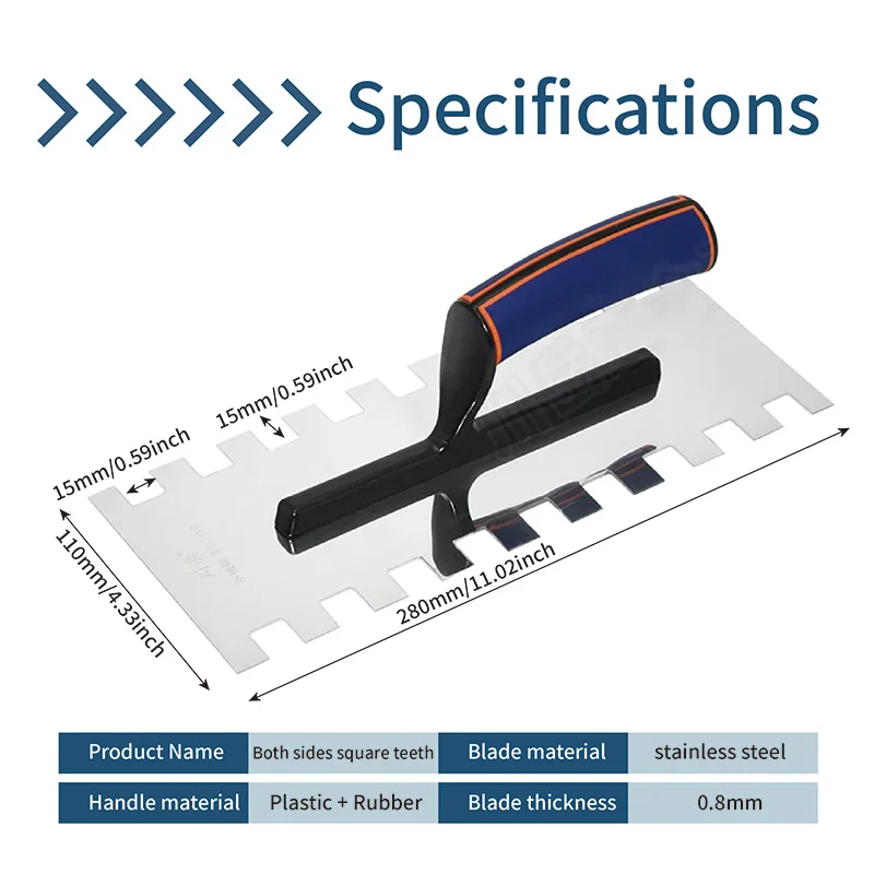 Imagem -06 - Dentes Quadrados Mão Esquerda Dente Direito Duplo Quadrado Alvenaria Espátula 28cm Ferramentas de Construção de Aço Inoxidável 15 mm