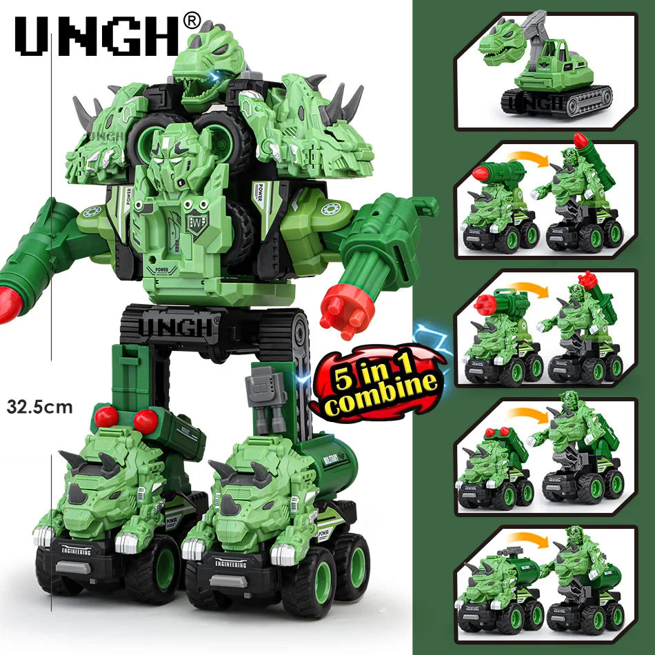 UNGH Children Jurassic Dinosaur One-Key Transformation Robot Toys Models Deformed Inertial Car 5in1 Mecha Toy For Kids Boy