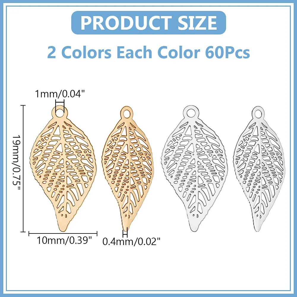 120Pcs 2 Colors Rack Plating Brass Filigree Pendants Long-Lasting Plated Leaf Charms Platinum Light Gold 19x10x0.4mm Hole: 1mm
