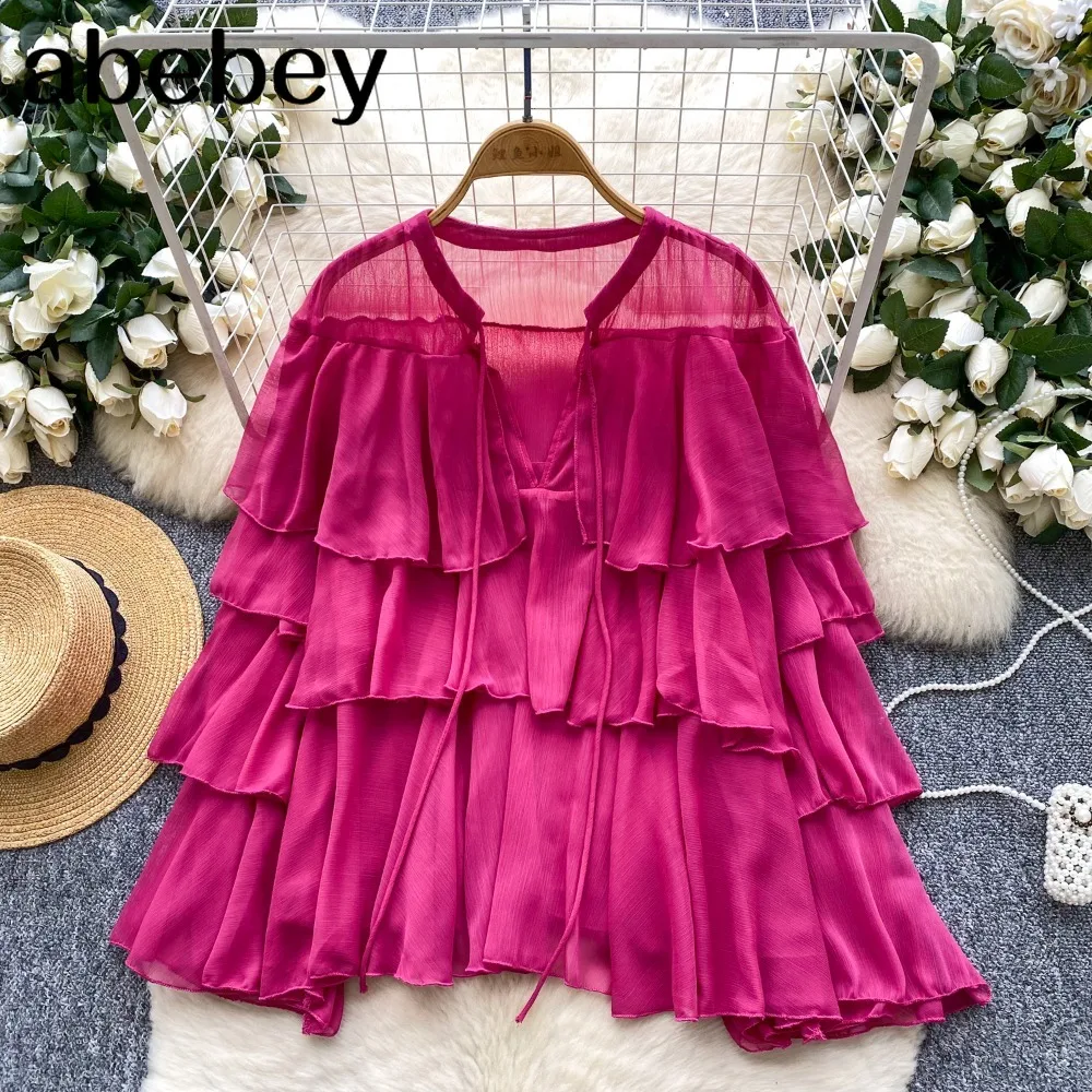 

Женская свободная повседневная блузка с прозрачными оборками и круглым вырезом, длинными рукавами, лоскутным женским топом на шнуровке