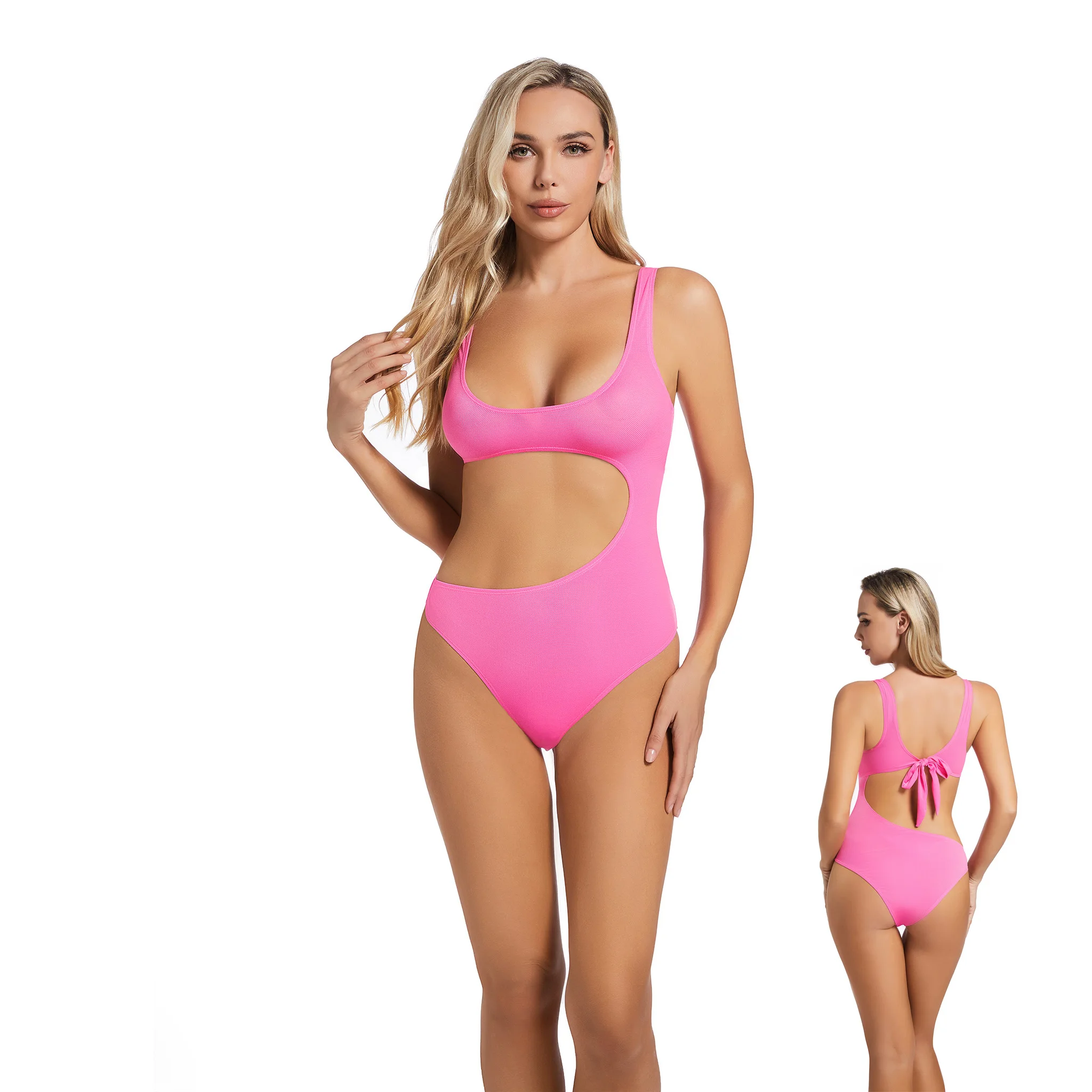 Volagor Neon Pink One Piece Swimsuit Tan Through Cut Out Monokini Sun Permeable Fabric Back Tie Sexy Solid Color Bathing Suit