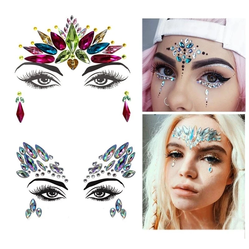 

3D Sexy Face Tattoo Art Stickers Temporary Tattoos Glitter Fake Tattoo Rhinestones For Woman Party Face Jewels Tatoo