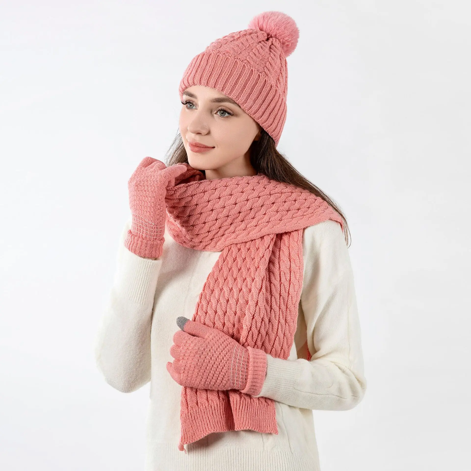 Winter Warmth Essentials: Acrylic Knit Beanie, Scarf, & Touchscreen Gloves Set