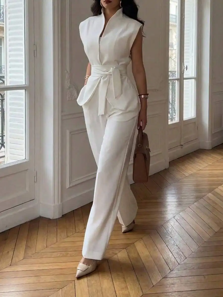 2pcs/Set Commuting Business Workwear French Elegant Tie-Waist Sleeveless Vest Top + Loose Wide-Leg Pants Suit, Casual Outfit For