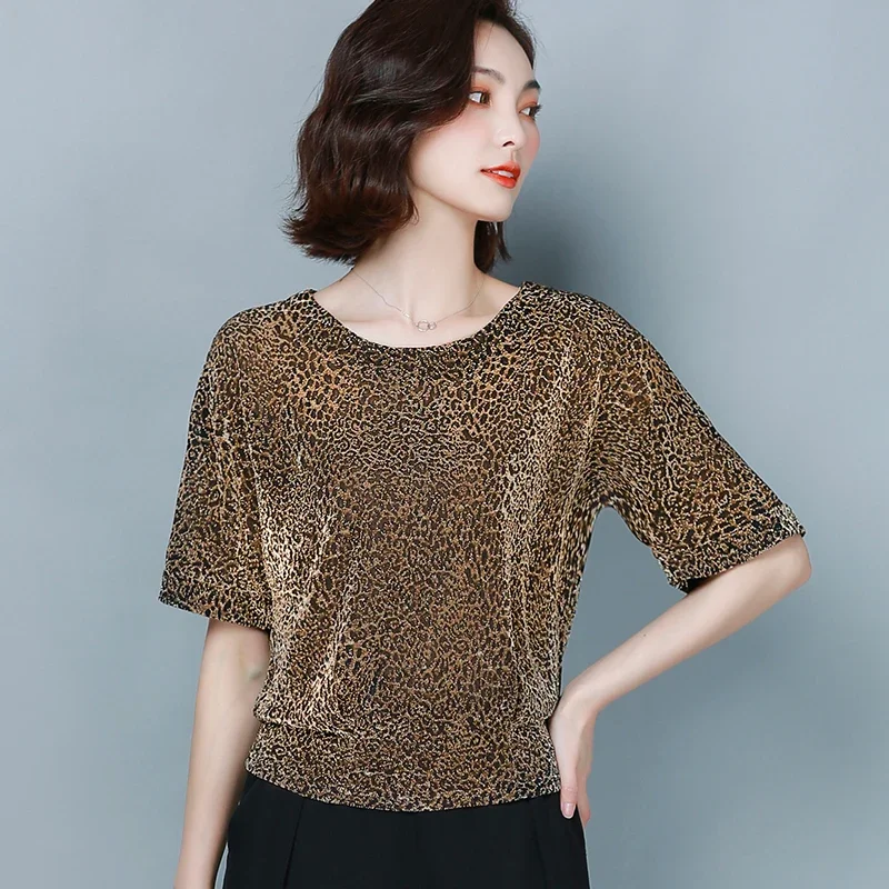 New Summer Women Shirts Fashion 2024 Women\'s Elegant Shine Glitter Tops Short Sleeve Blouse Shiny Sequin Casual Clothes 9197