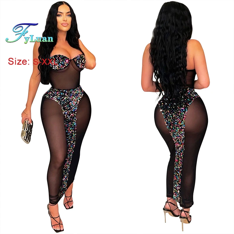 ฤดูร้อน Rhinestone ตกแต่ง SHEER ตาข่ายผู้หญิงแขวนคอกระโปรงเซ็กซี่ Slim ดูผ่านยาว One- Piece Clubwear ชุดชุดวันเกิด