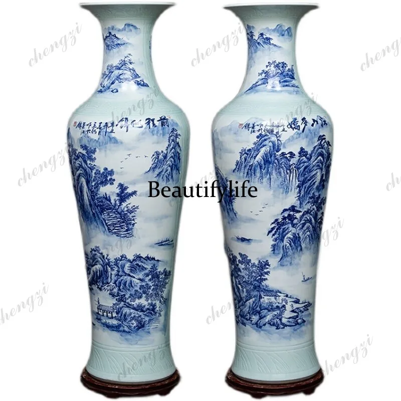 Ceramic hand-painted blue and white landscape floor-to-ceiling large vase living room hotel villa Chinese decorative ornament