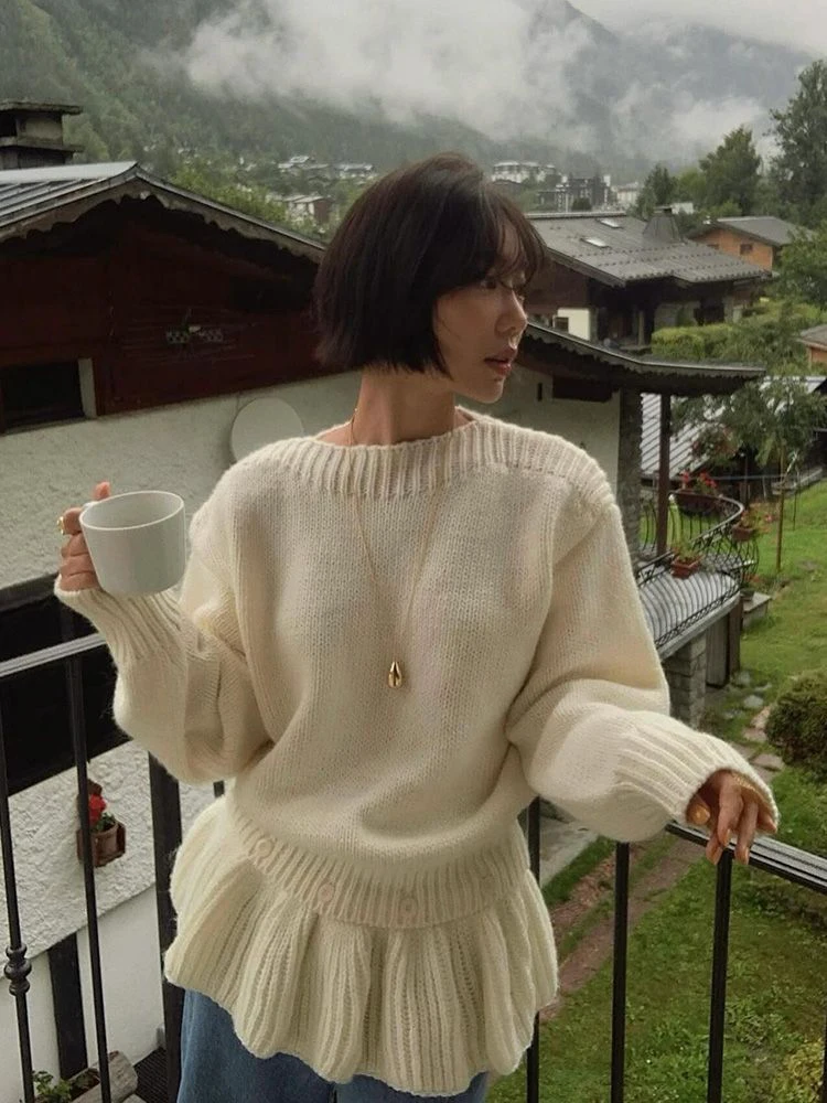 المرأة كشكش متماسكة سترة الخريف الشتاء فضفاضة عادية كسول الرياح الكورية Vintage البلوفرات طويلة الأكمام زر المرقعة لاعبا جديد