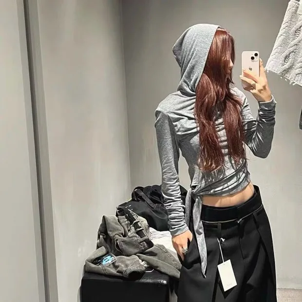 

Slim Fit American Sle Hot Girl Asymmetric Tie Waist Hooded Long Sve T-irt Base irt for Women Moisture ng ort ...