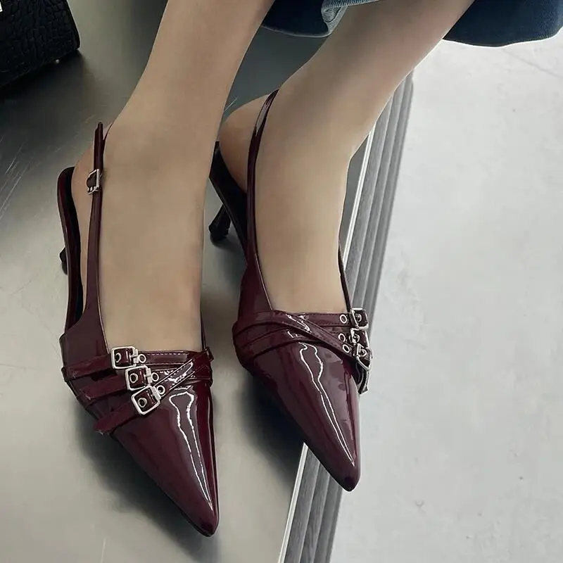 Ladies High Heels Slides Shoes Sandals Fashion Women Thin Heels Shoes Buckle Strap Career Shallow Female Pumps Wine Red Footwear