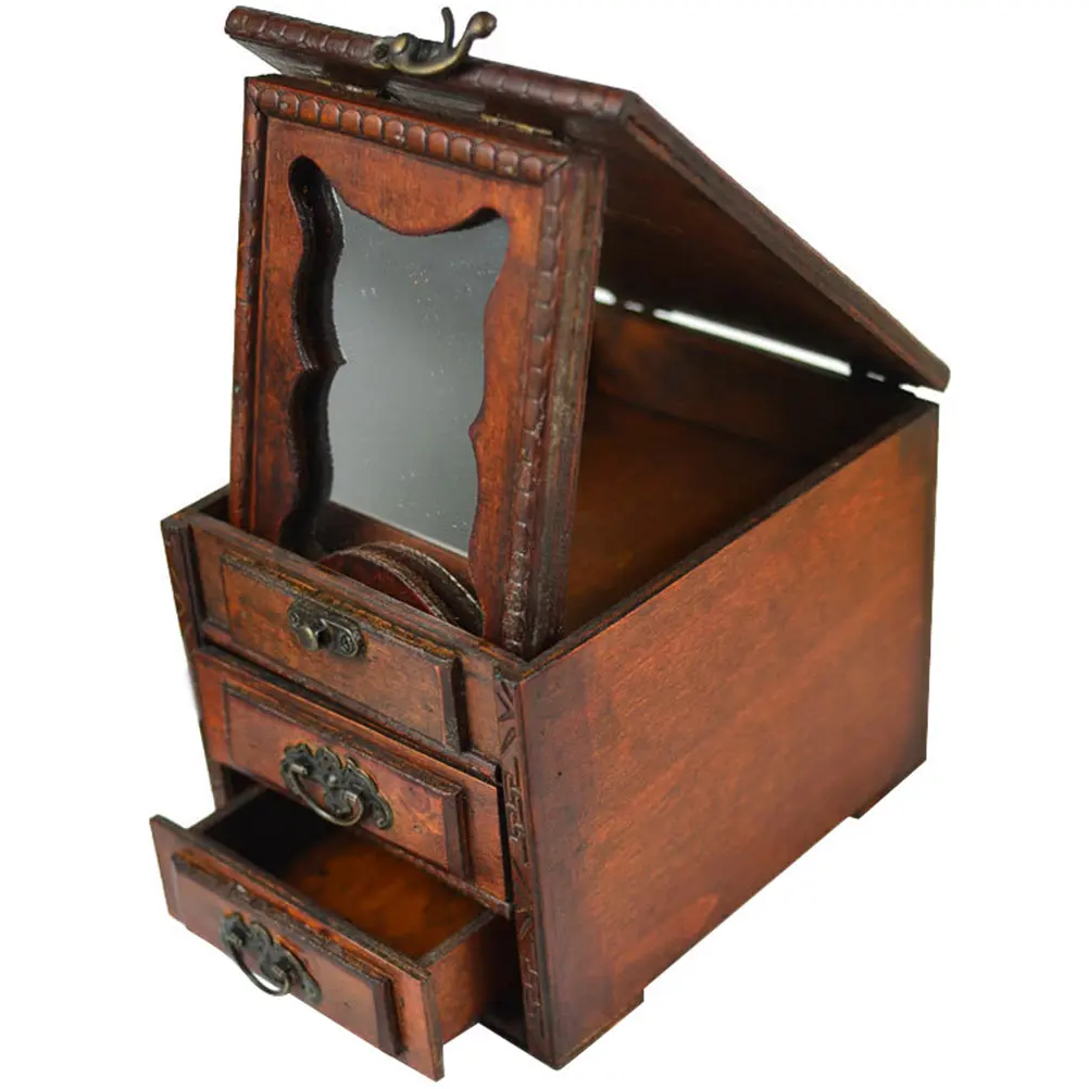 Wooden Jewelry Storage Case Retro Style Jewelry Box Glass PU Material Dressing Table Decor Mirror Vintage Earring Necklace