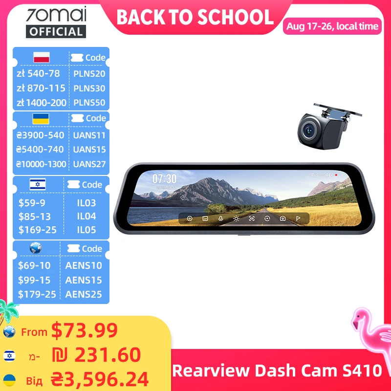70mai Rückfahrkamera S410 9,35 Zoll Spiegel-Display Vorne 2K Hinten 1080P F1.55 Blende Superkondensator 24/7 Schutz 70mai S410