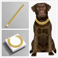 Dog Cat Chain Collar Solid Metal 13mm Width Collar Perro Rap Hip Hop Shiny Cuban Chain Pet Jewelry Supplies Gold Silver Color