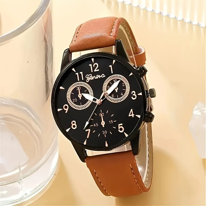 4pcs/set Men's Fashionable Retro Brown Quartz Watch and Woven Bracelet Set (no Box)