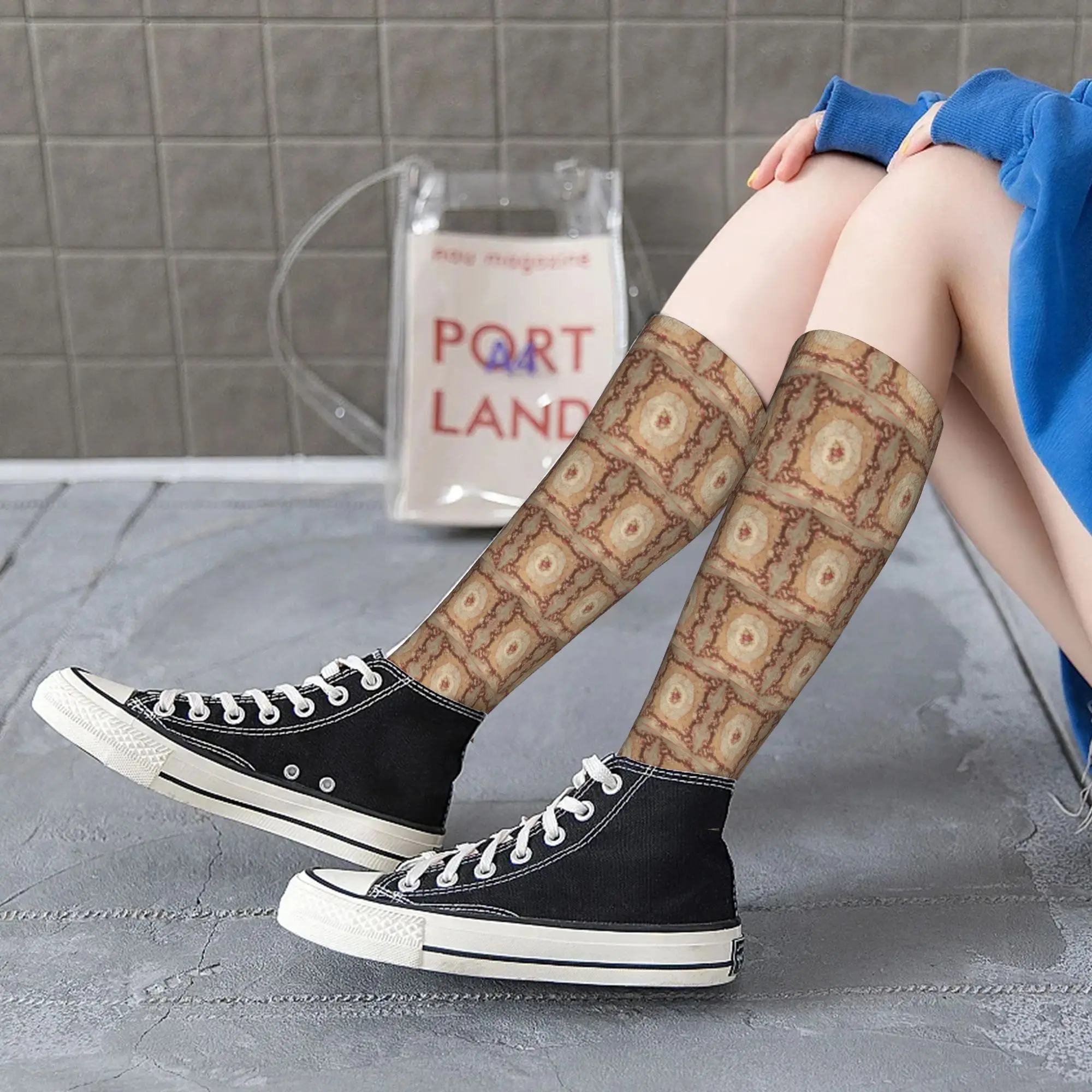 Medias de tripulación para todas las estaciones, calcetines con estampado de alfombra Aubusson francesa, rosas antiguas, calcetines largos de moda, accesorios para hombres y mujeres