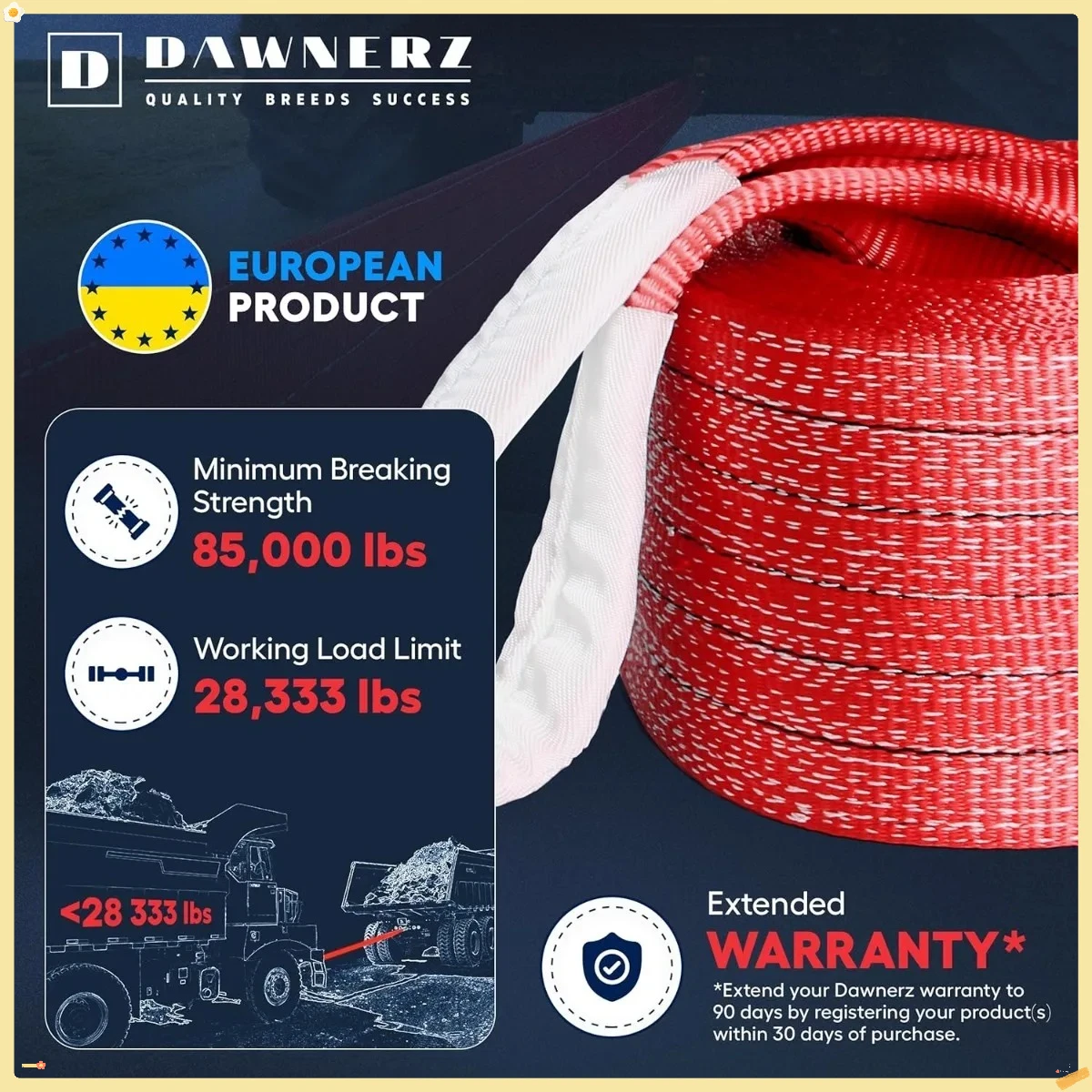 Tow Rope Heavy Duty 30ft 85000 lbs Minimum Break Strength - Recovery Strap 42 US Tons 9m for Trucks and Buses