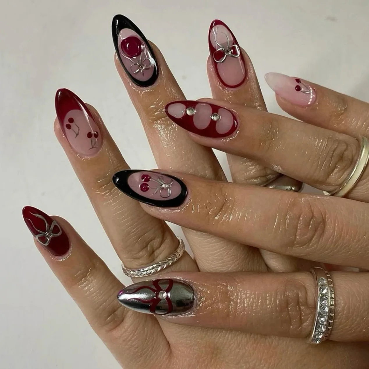 

24Pcs Mid-length Almond Fake Nails Press on Red French 3D Cherry Bow Full Cover Nails Tips Rhinestone Detachable False Nails Art