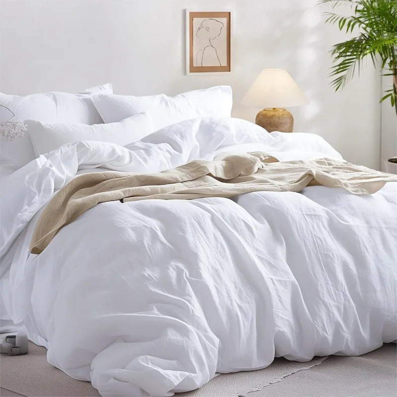 100% Washed Cotton Duvet Cover King Size - Minimalist Natural White Cotton Duvet Cover for All Seasons