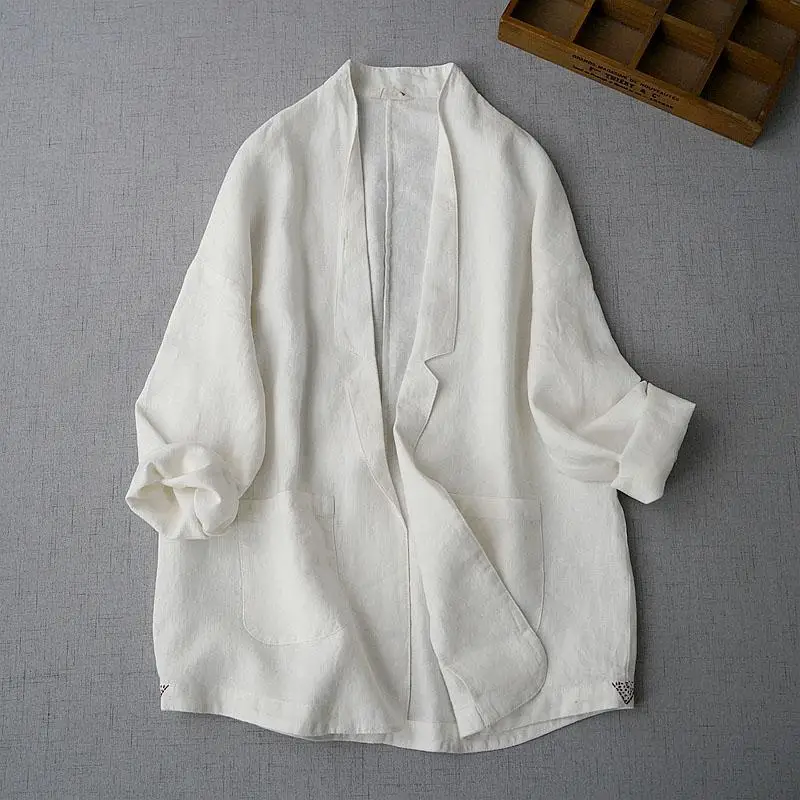 Long Sleeve Versatile Elegant Top Women Fashionable Cotton and Linen Solid Color Jacket